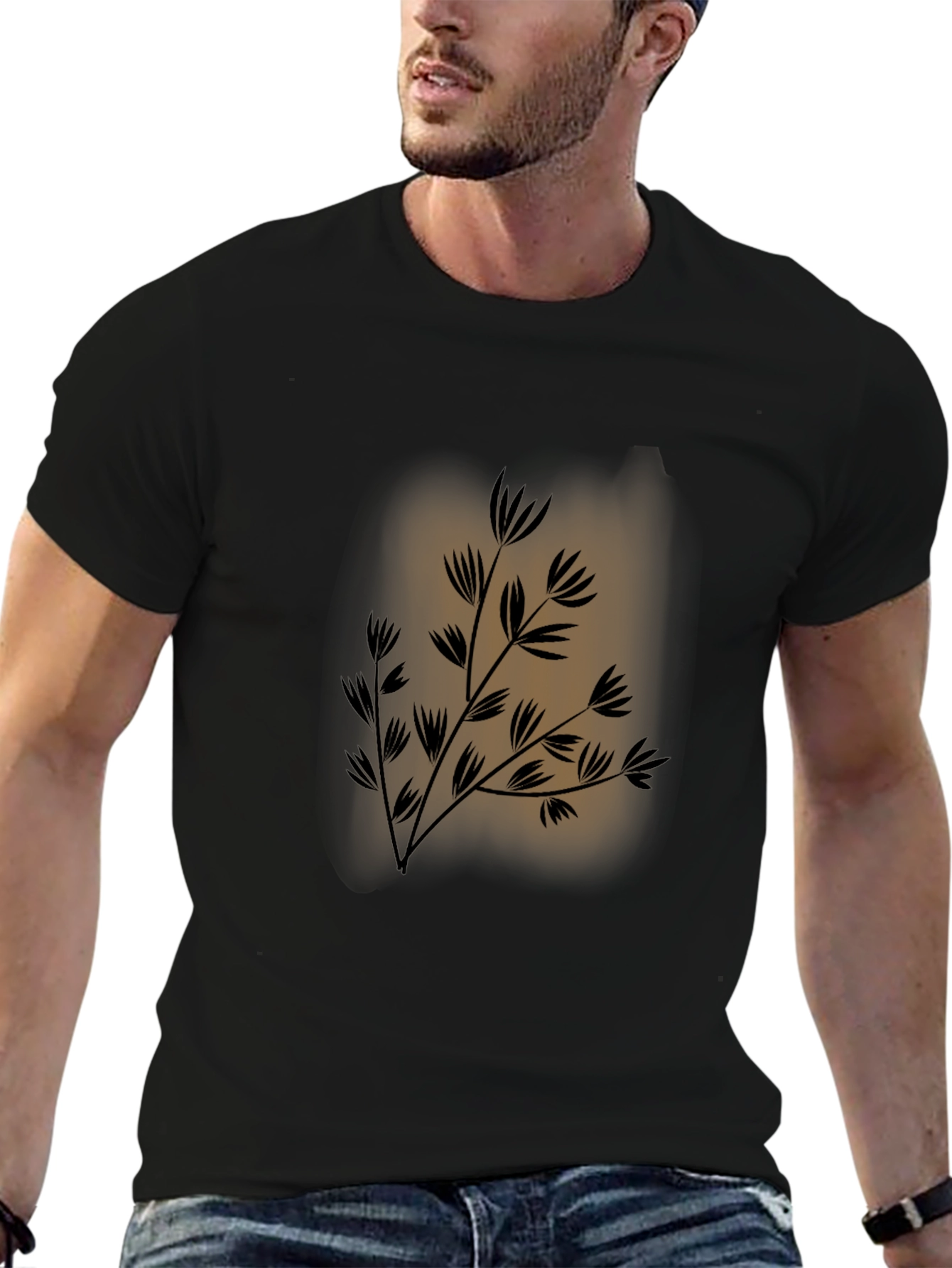 Mens Black Tee with Botanical Print