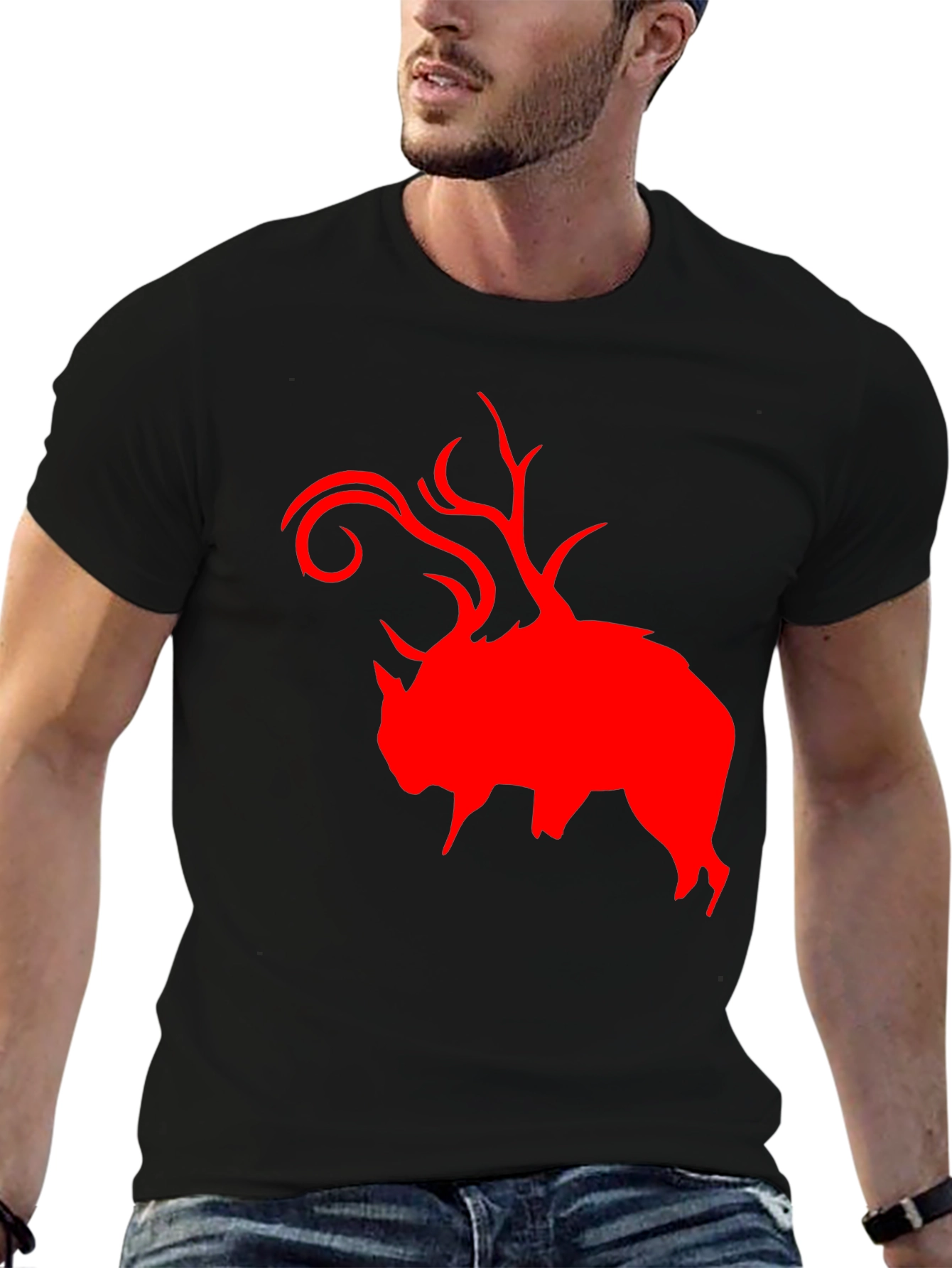 Red Buffalo Deer Head Graphic Black T-Shirt