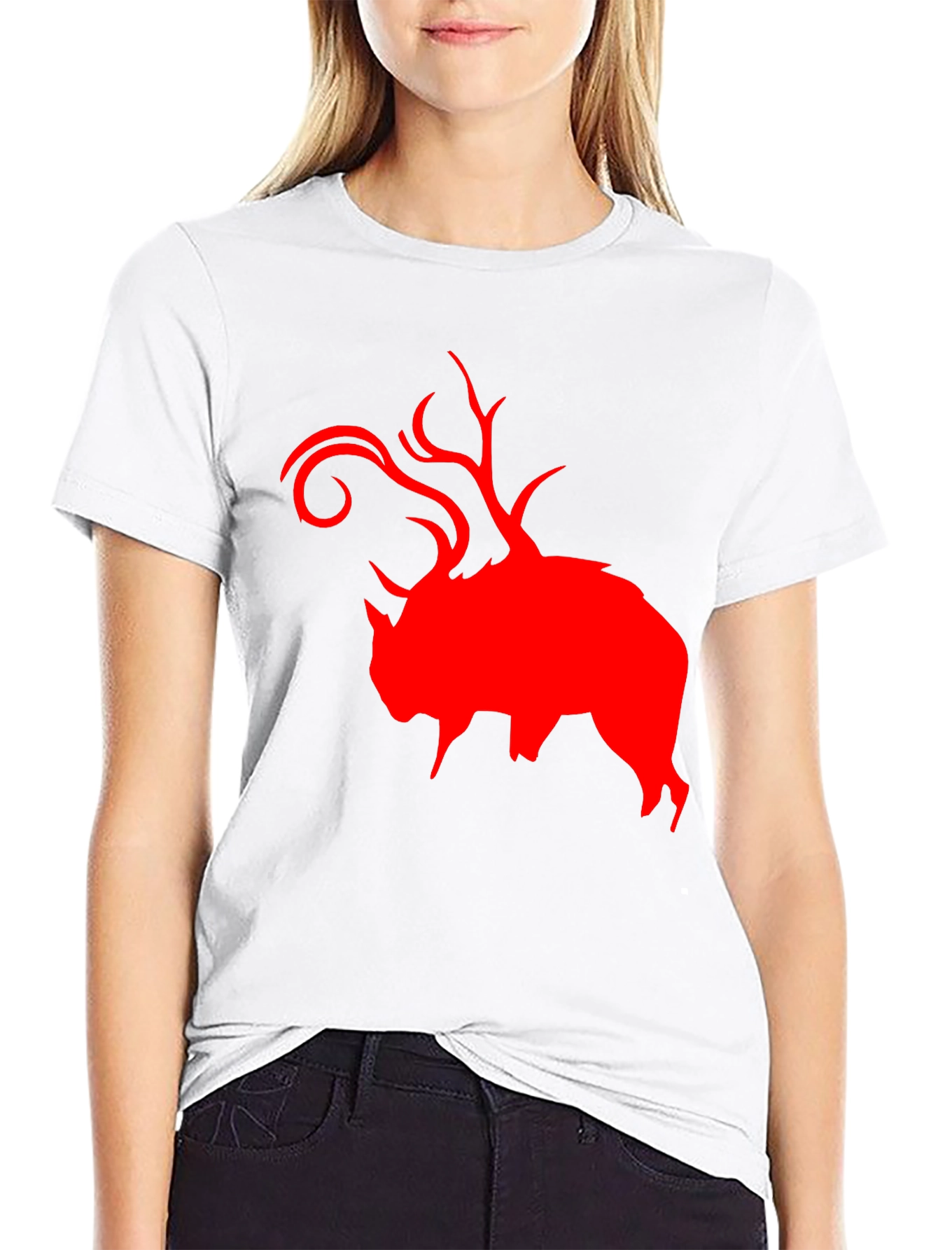 Red Buffalo Deer Head Graphic Black T-Shirt