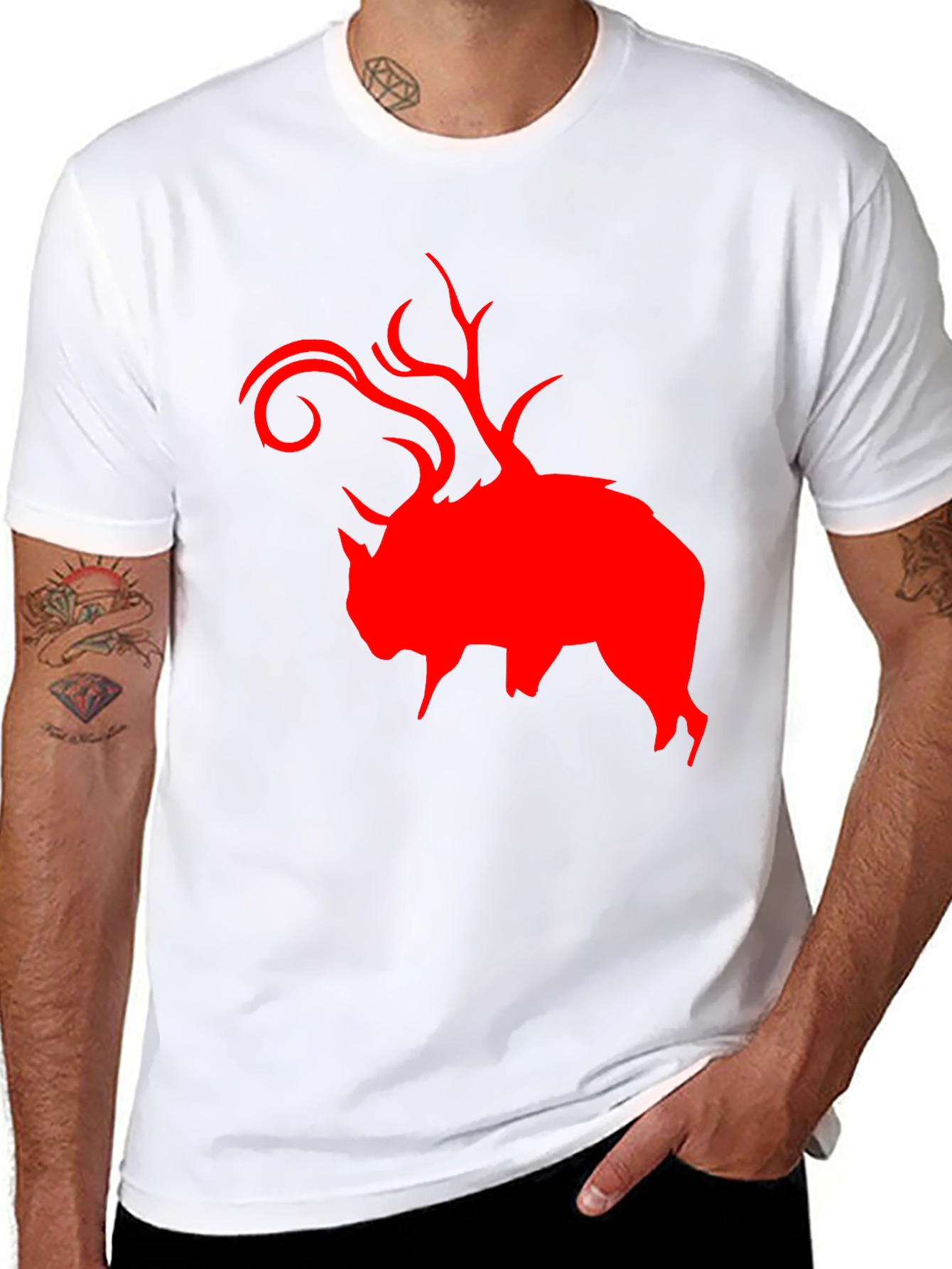 Red Buffalo Deer Head Graphic Black T-Shirt