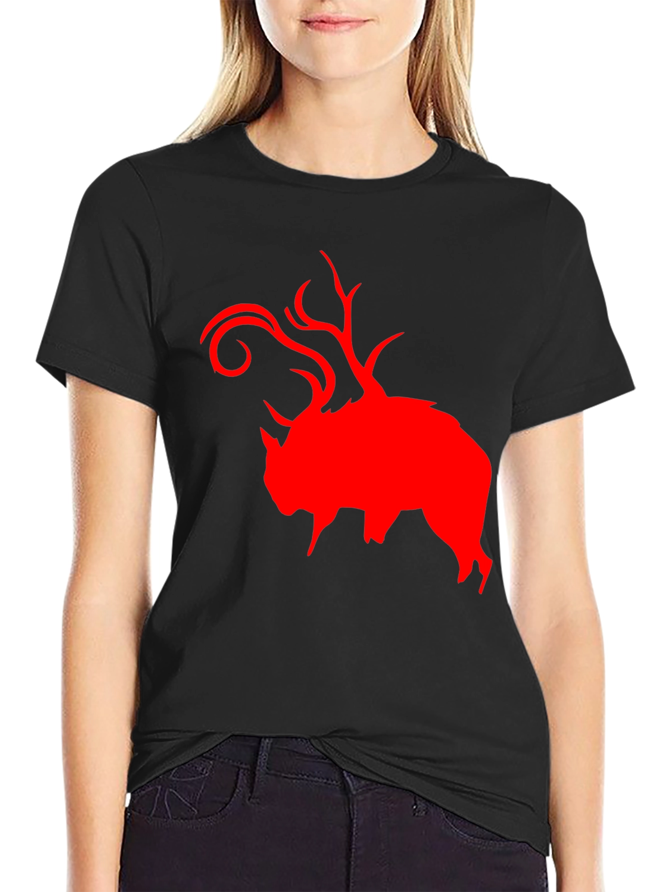 Red Buffalo Deer Head Graphic Black T-Shirt