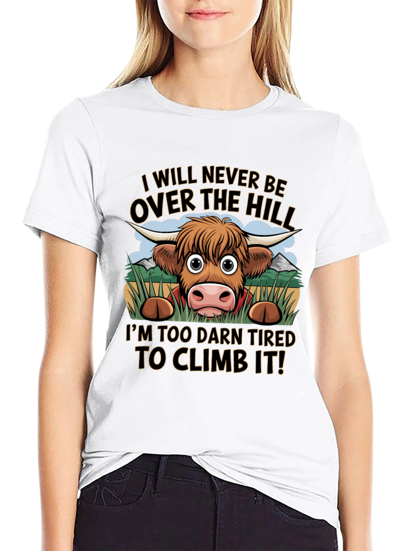 Funny Highland Cow Tired to Climb It T-Shirt