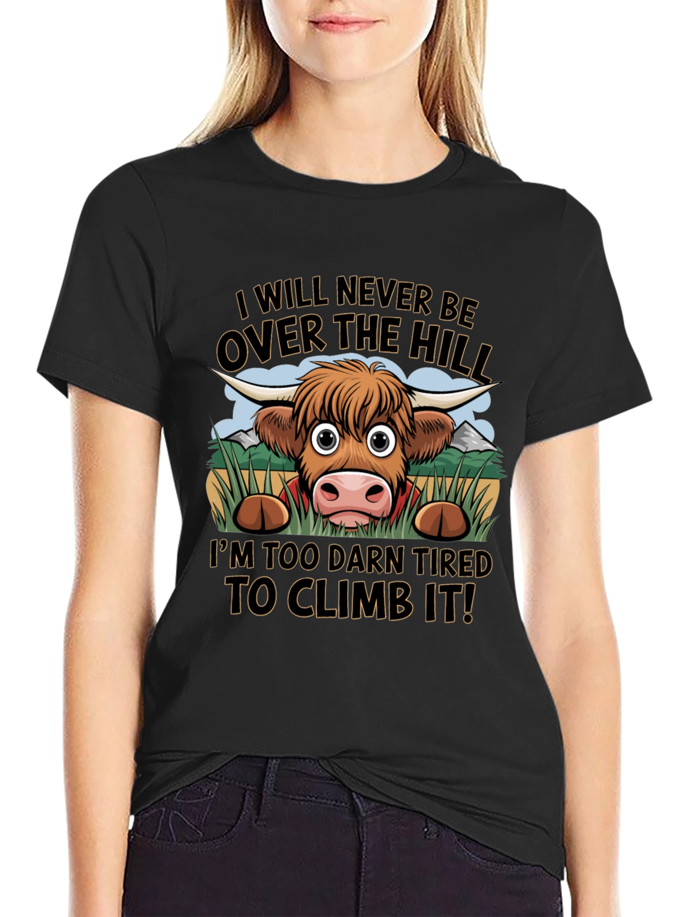 Funny Highland Cow Tired to Climb It T-Shirt