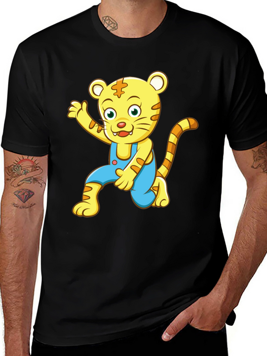 Cartoon Tiger Graphic Tee - Black Cotton Blend