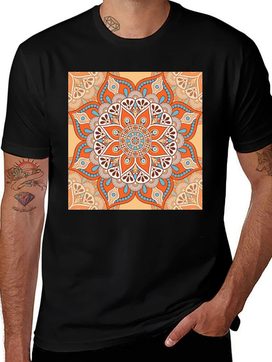 Black T-Shirt with Geometric Mandala Print