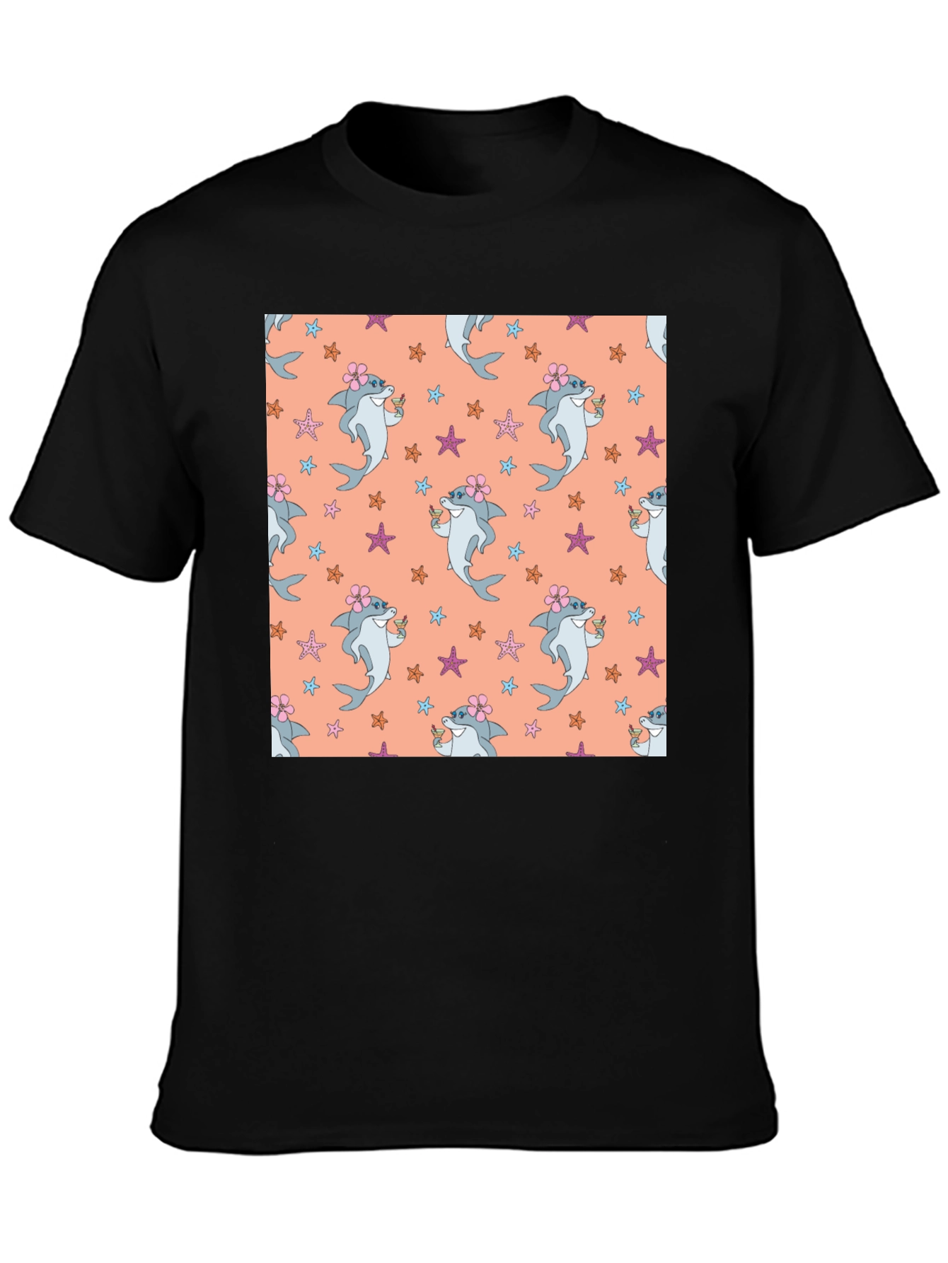 Summer Shark Pattern Black T-Shirt
