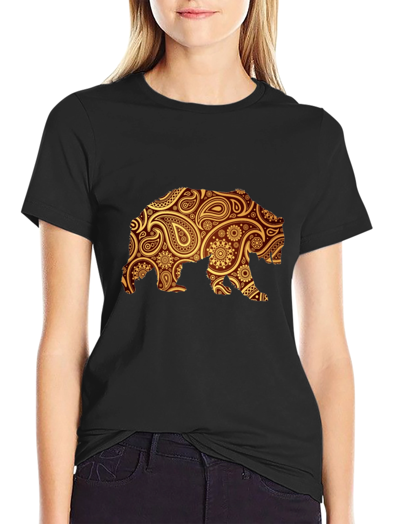 Paisley Bear Graphic Black T-Shirt