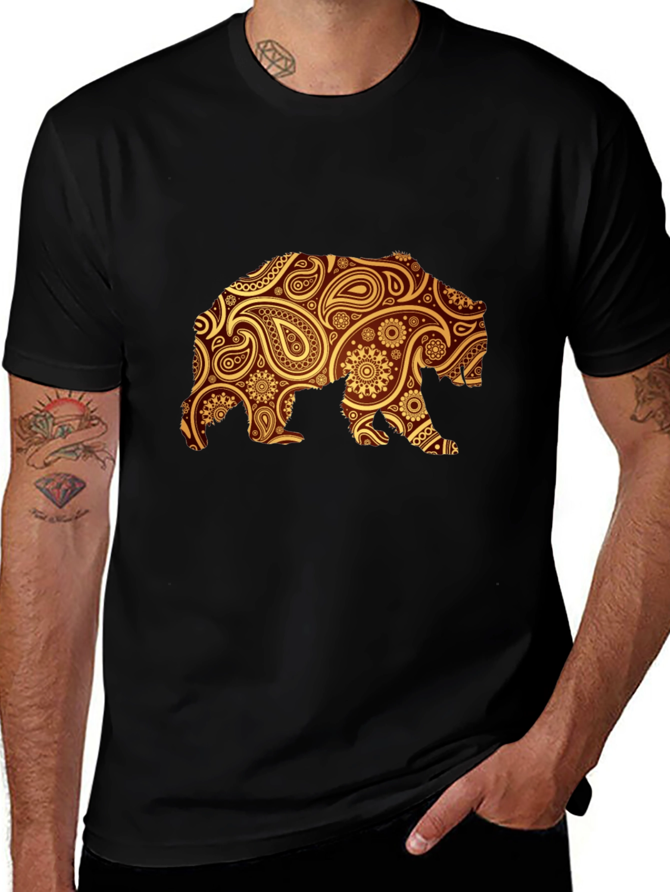 Paisley Bear Graphic Black T-Shirt
