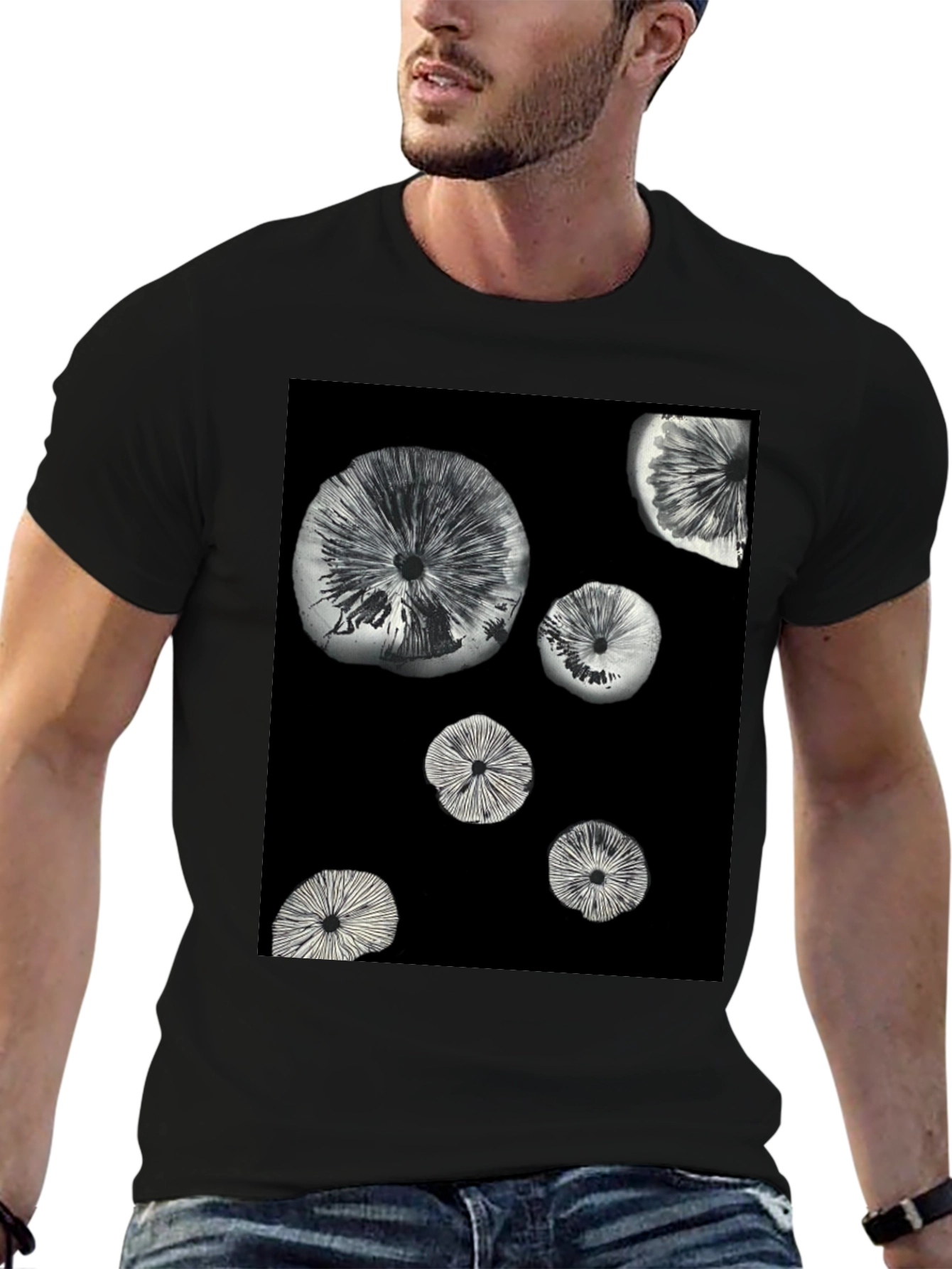 Abstract Mushroom Print Black T-Shirt