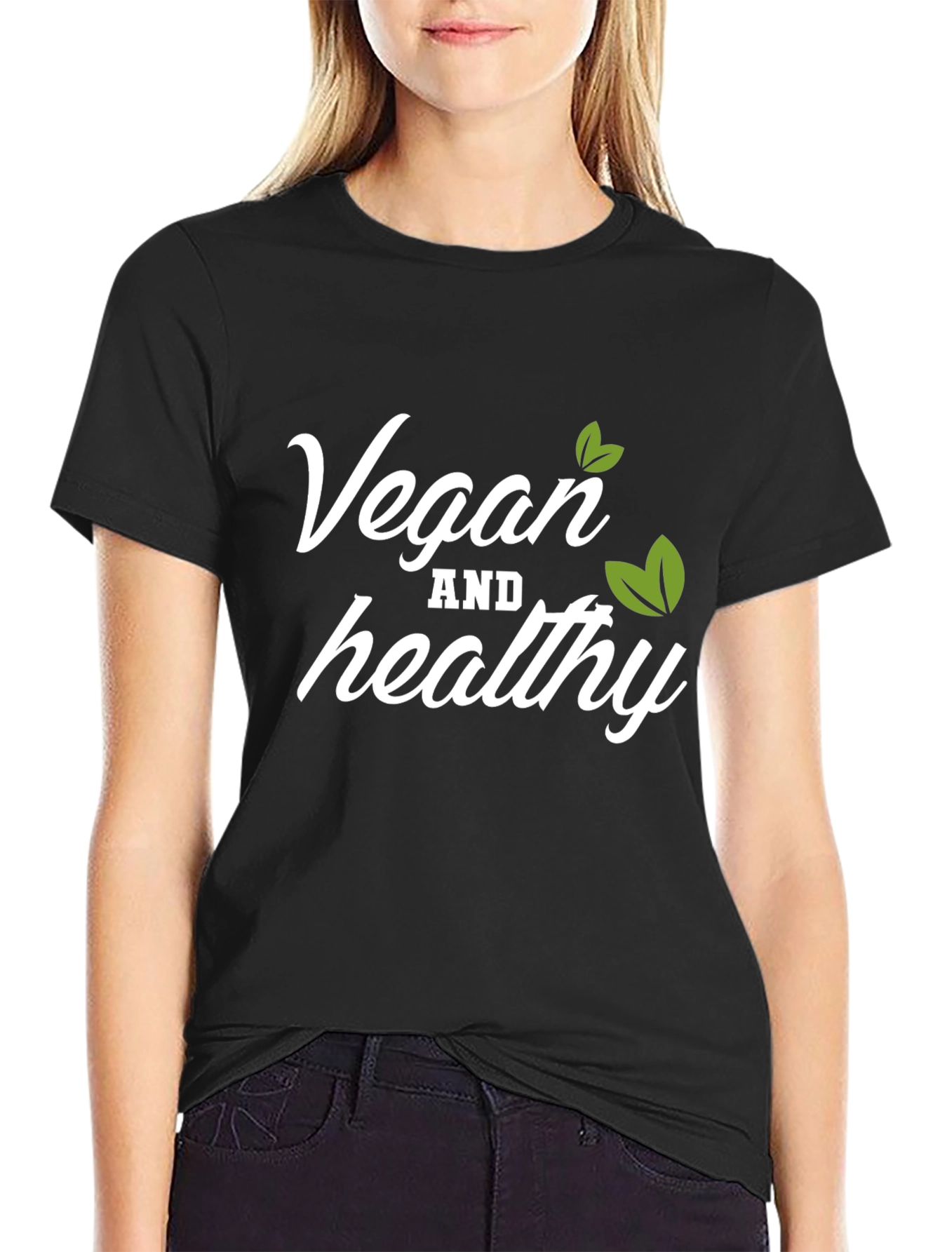 Vegan and Healthy T-Shirt Black Crew Neck