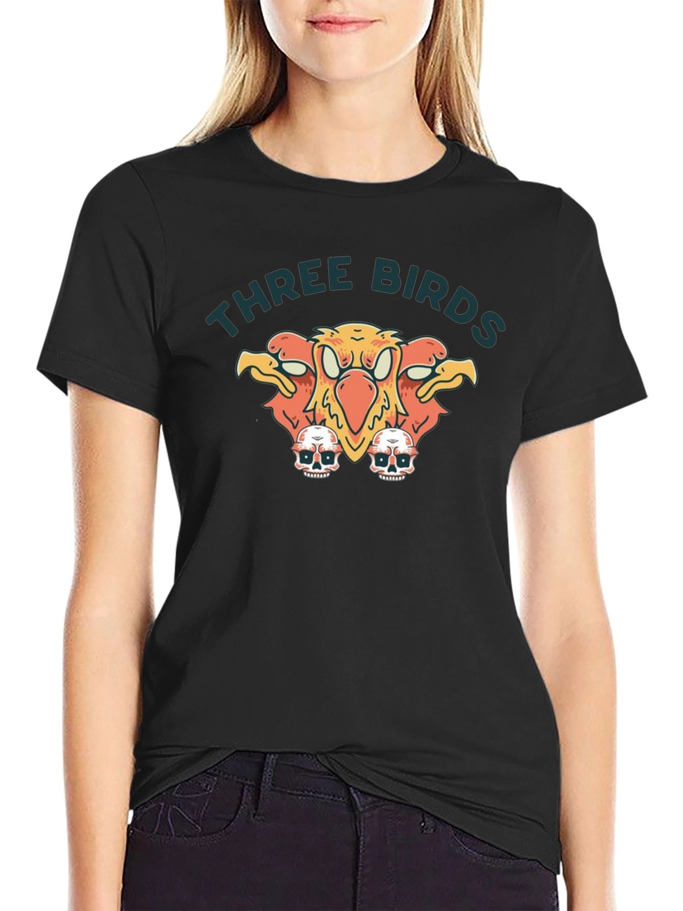 Three Birds Graphic Print Black T-Shirt