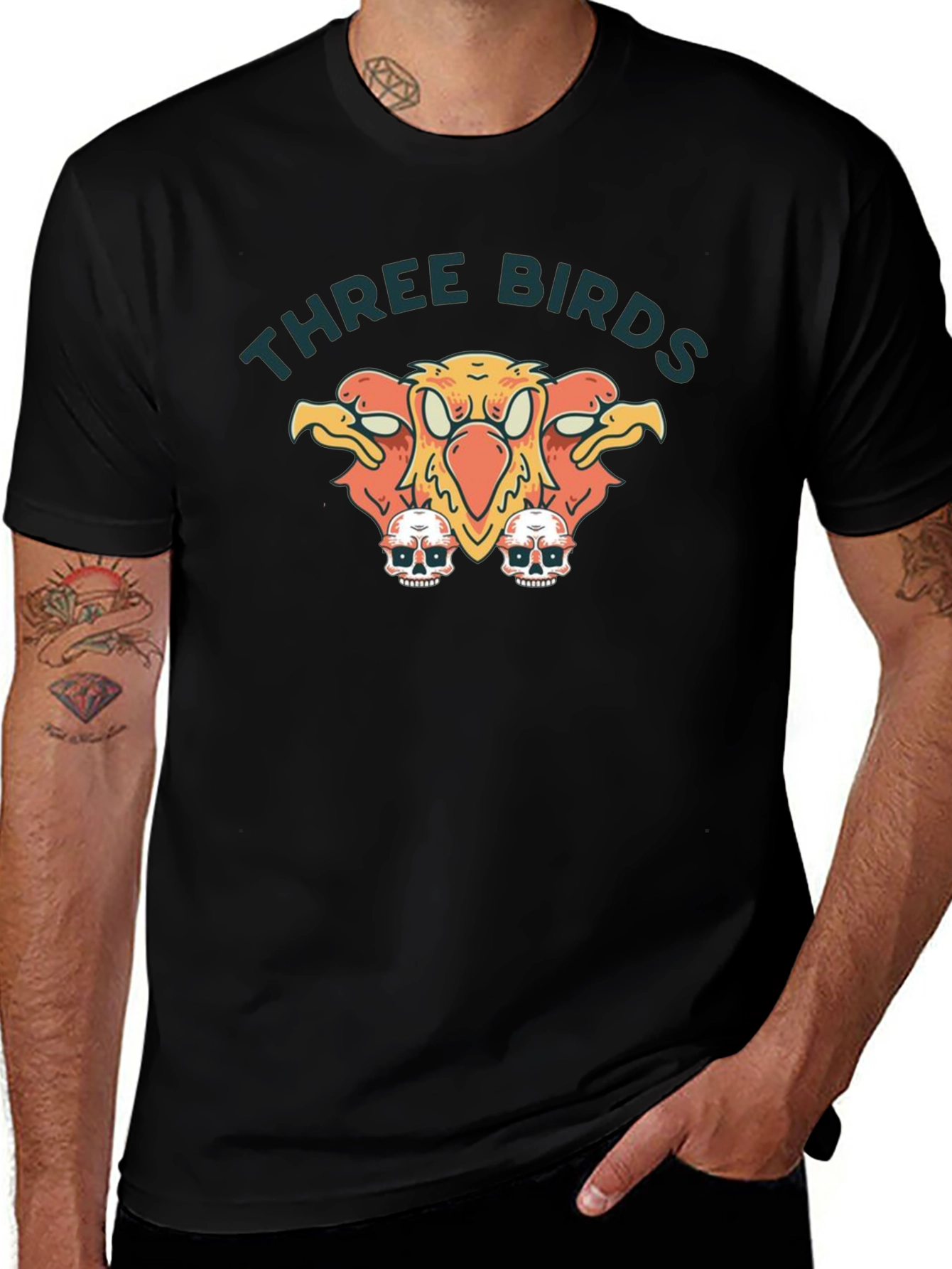 Three Birds Graphic Print Black T-Shirt