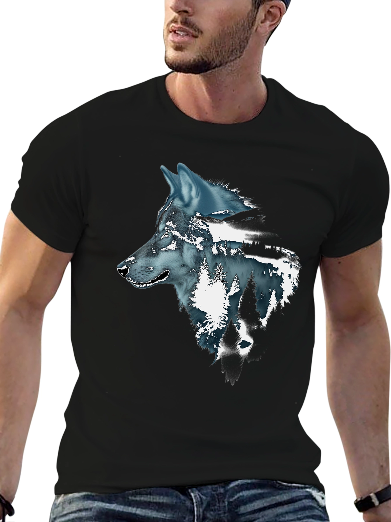 Wolf Graphic Print Mens Black T-Shirt