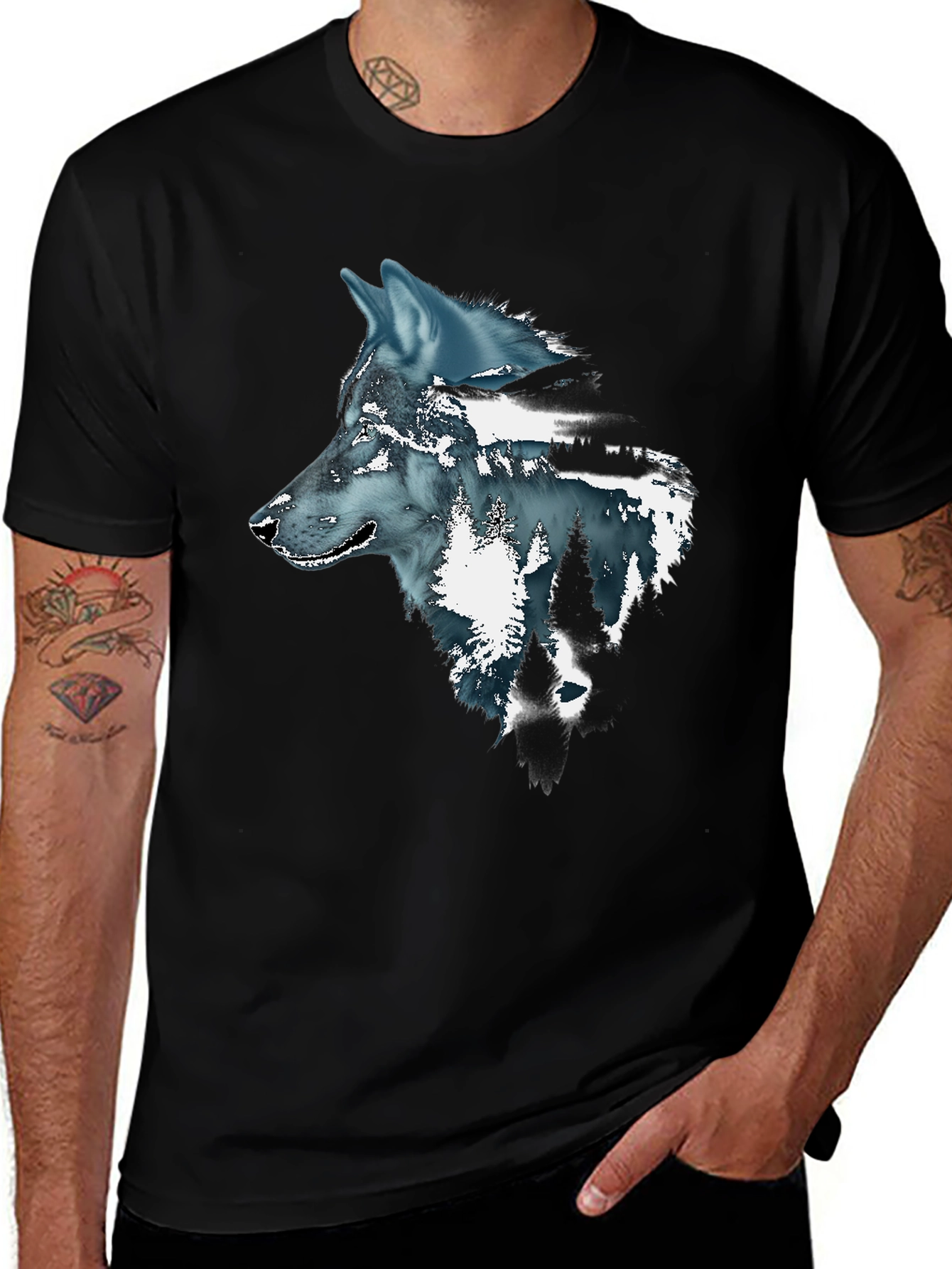 Wolf Graphic Print Mens Black T-Shirt