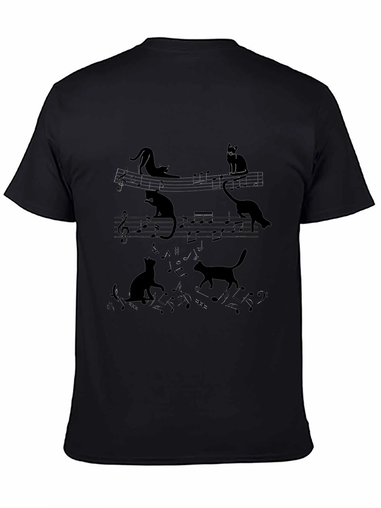 Cats and Music Notes Black T-Shirt