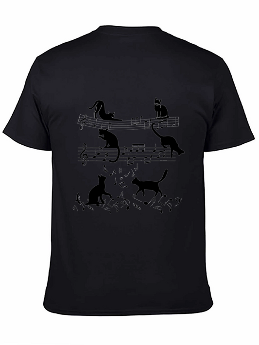 Cats and Music Notes Black T-Shirt
