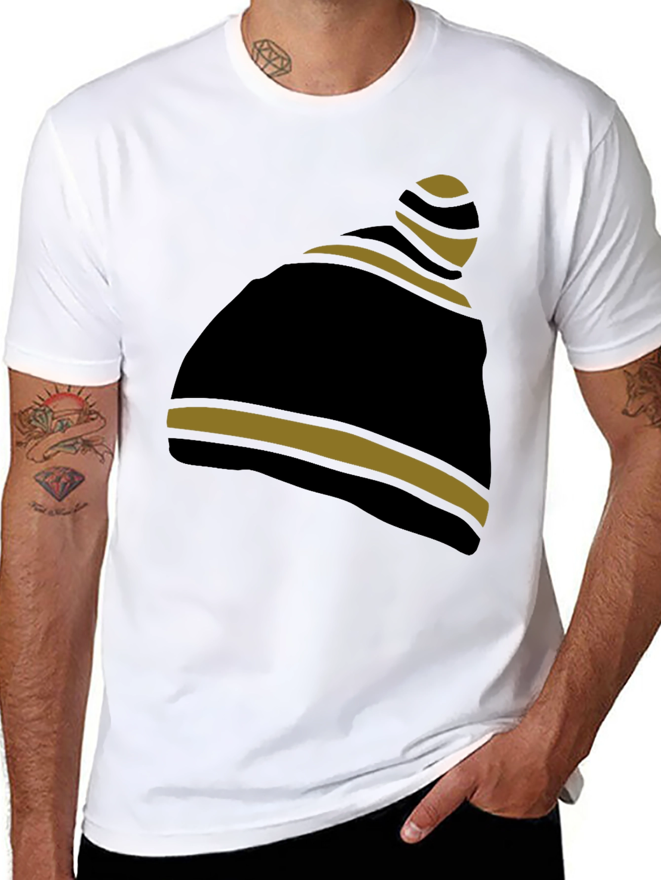 Striped Beanie Graphic Tee - Casual Style