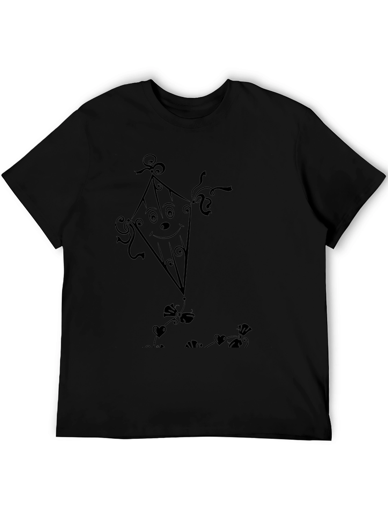 Whimsical Kite Graphic Tee - Black Cotton Casual Shirt
