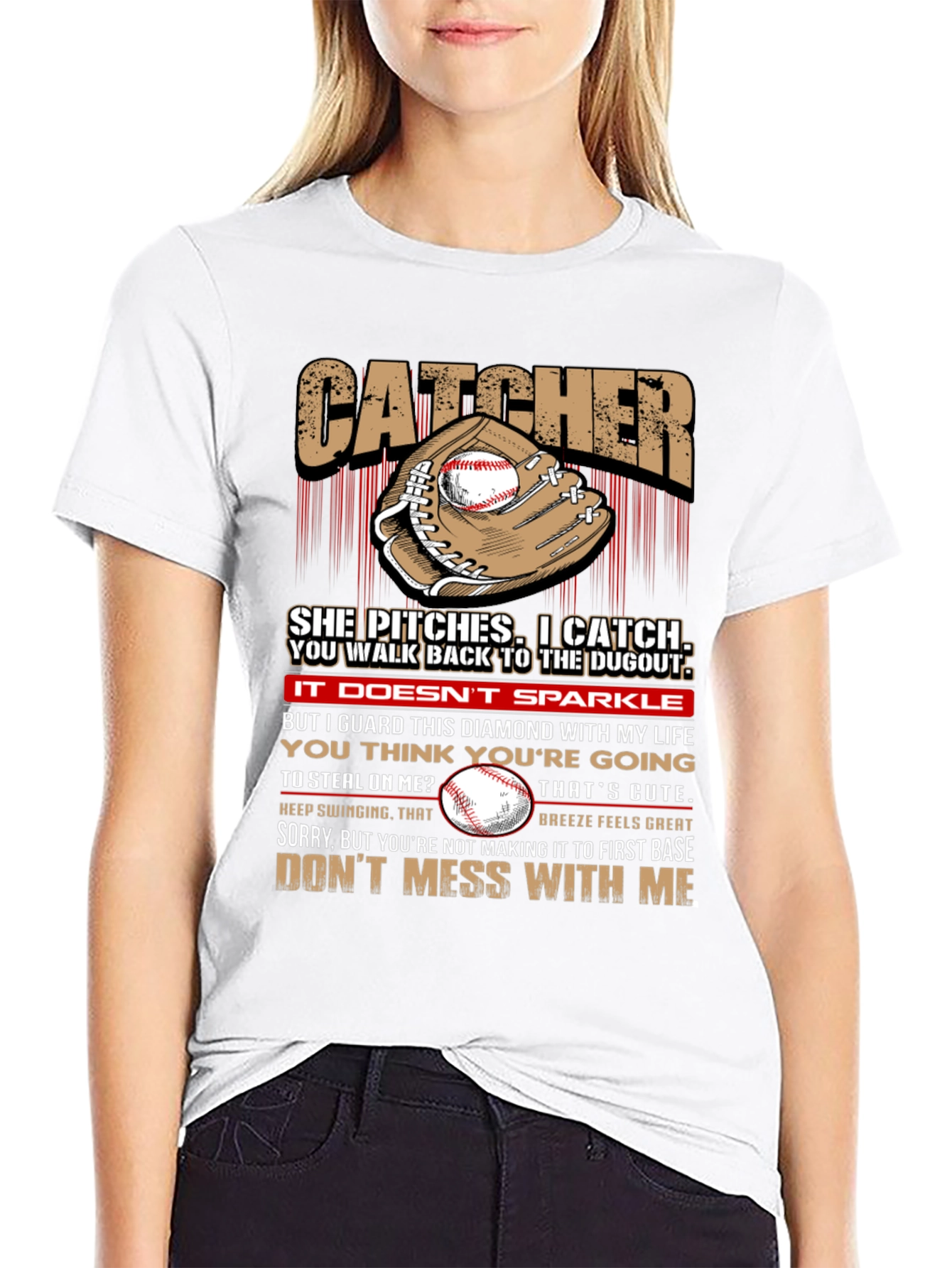 Catcher Baseball T-Shirt: She Pitches I Catch