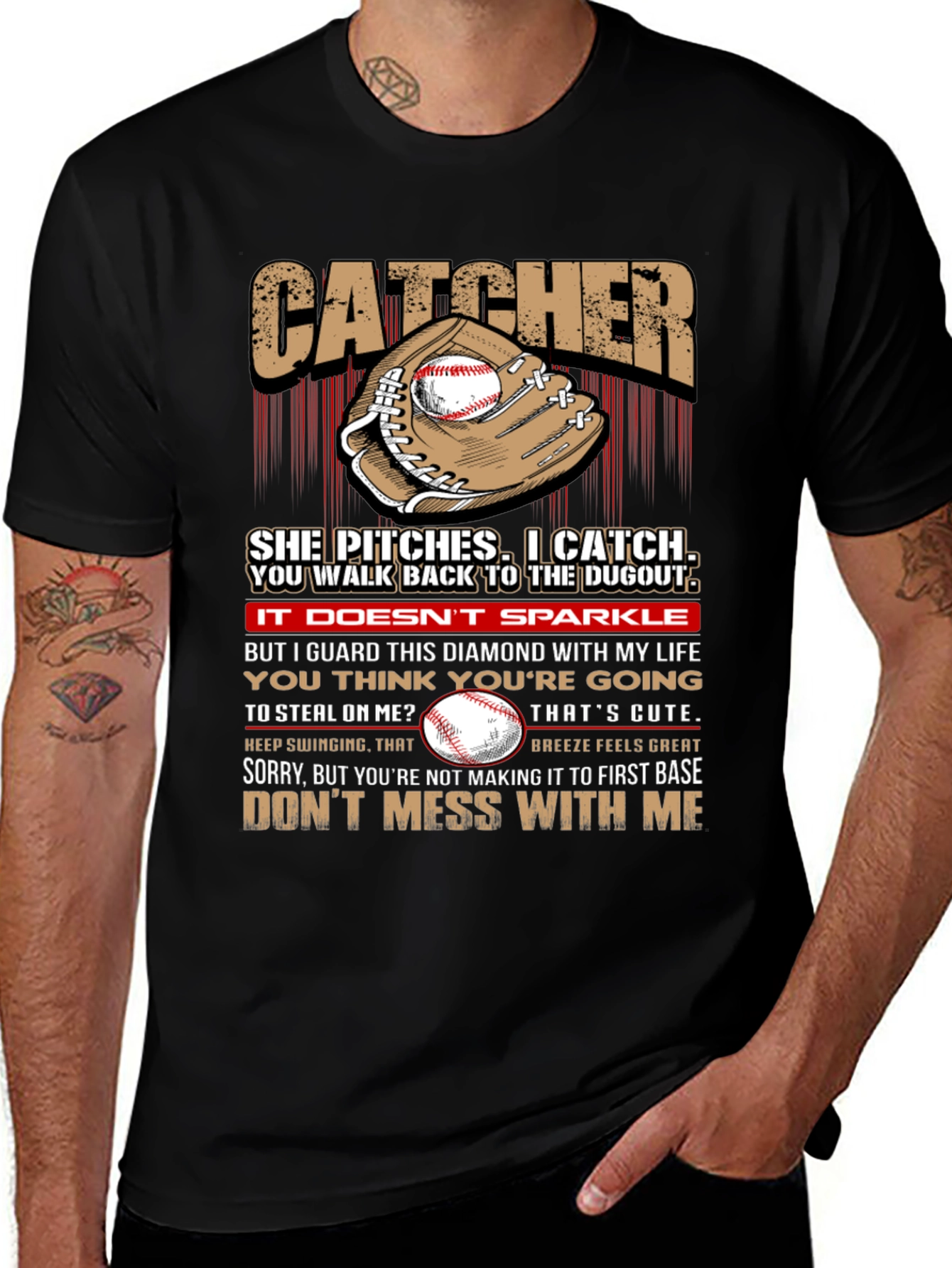 Catcher Baseball T-Shirt: She Pitches I Catch