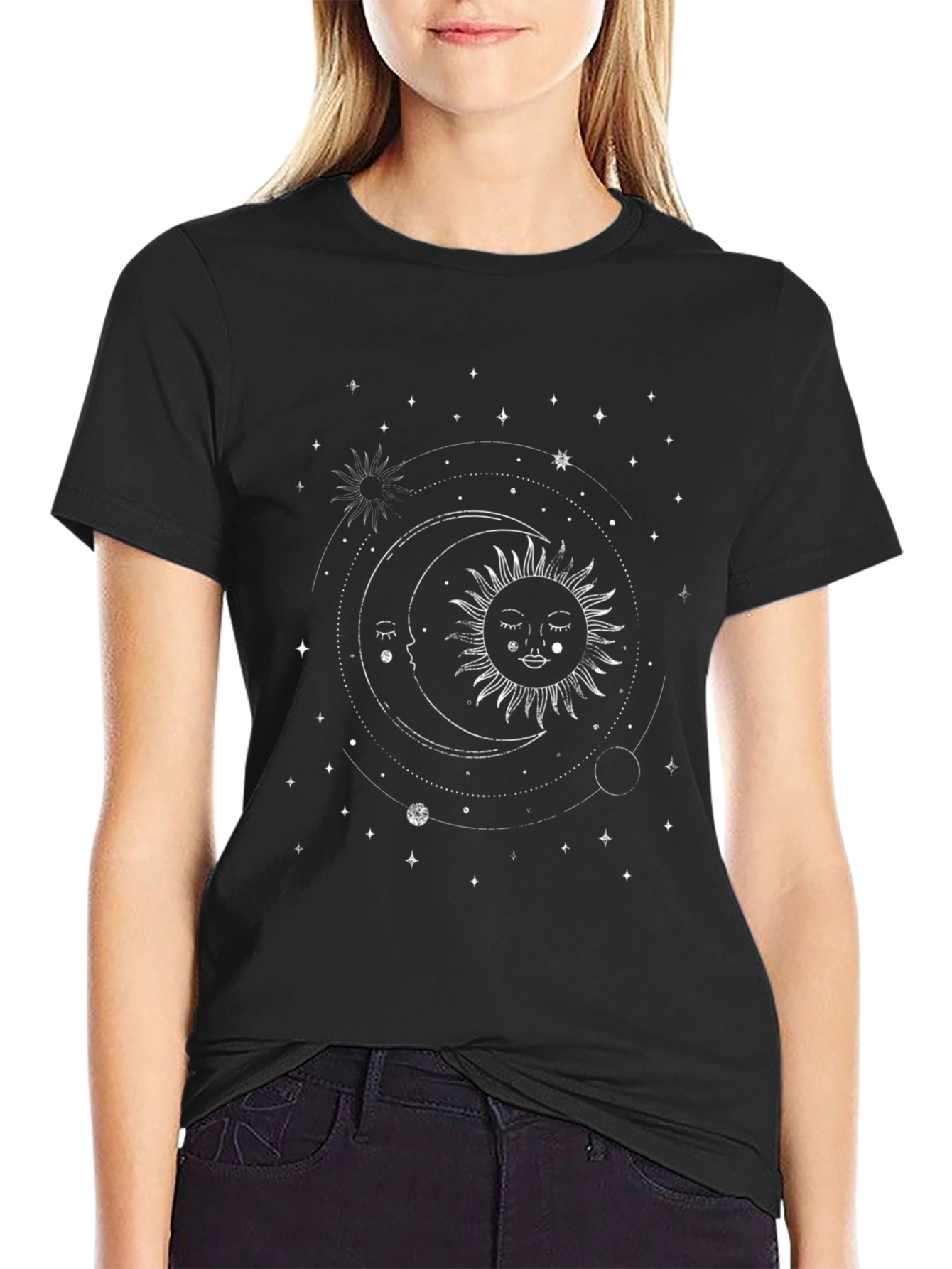 Celestial Sun & Moon Graphic Tee - Black