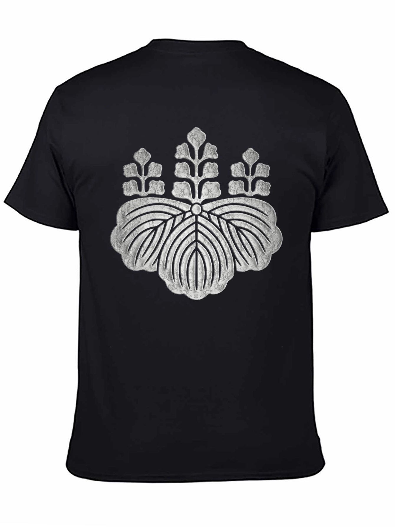 Black T-Shirt with Distressed Japanese Crest Design