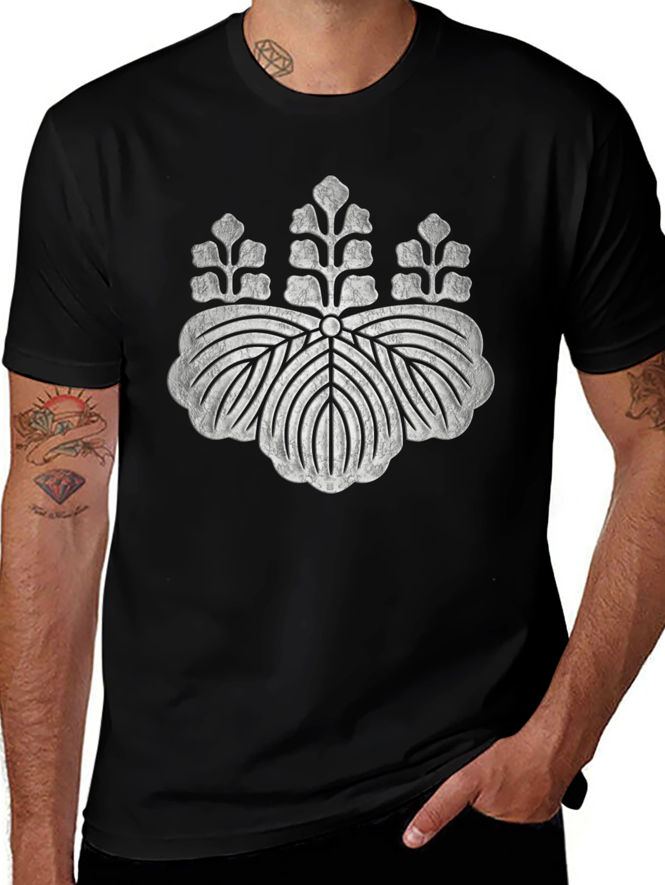 Black T-Shirt with Distressed Japanese Crest Design