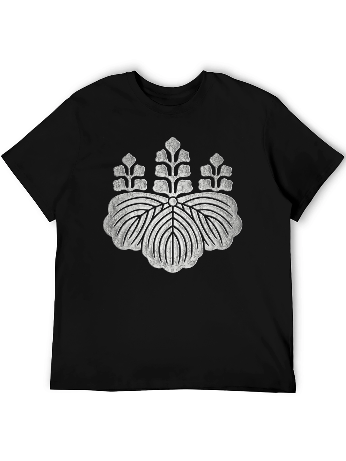 Black T-Shirt with Distressed Japanese Crest Design