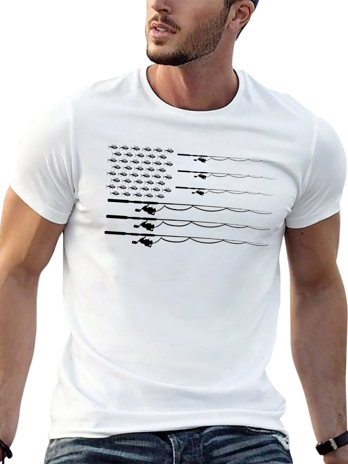 Fishing Rod USA Flag Graphic Tee - Black