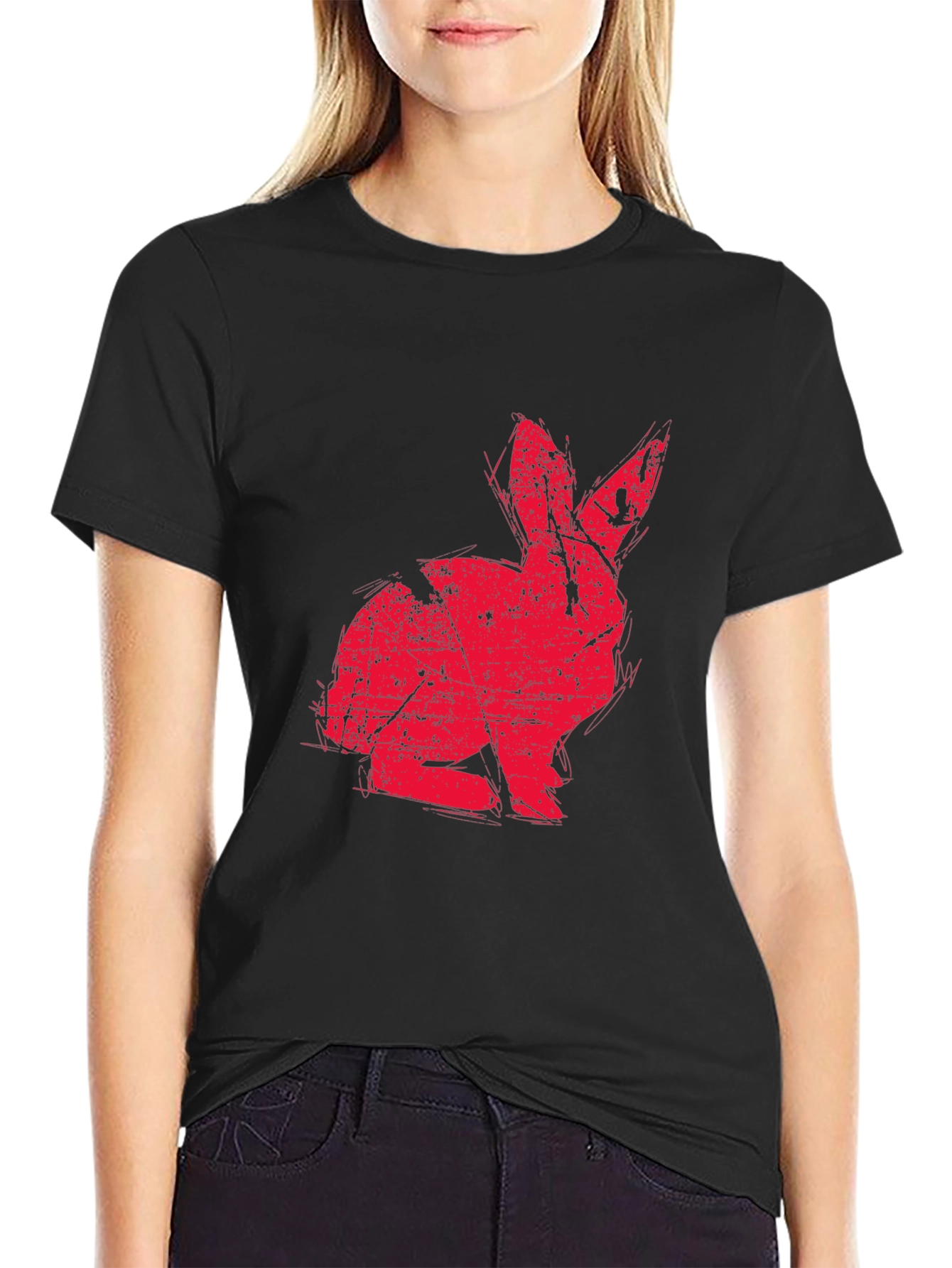 Red Rabbit Graphic Print Black T-shirt