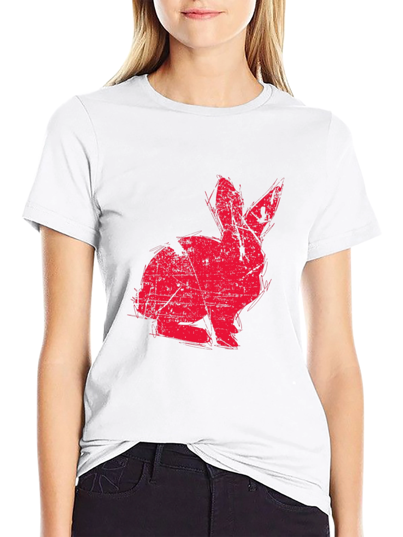 Red Rabbit Graphic Print Black T-shirt