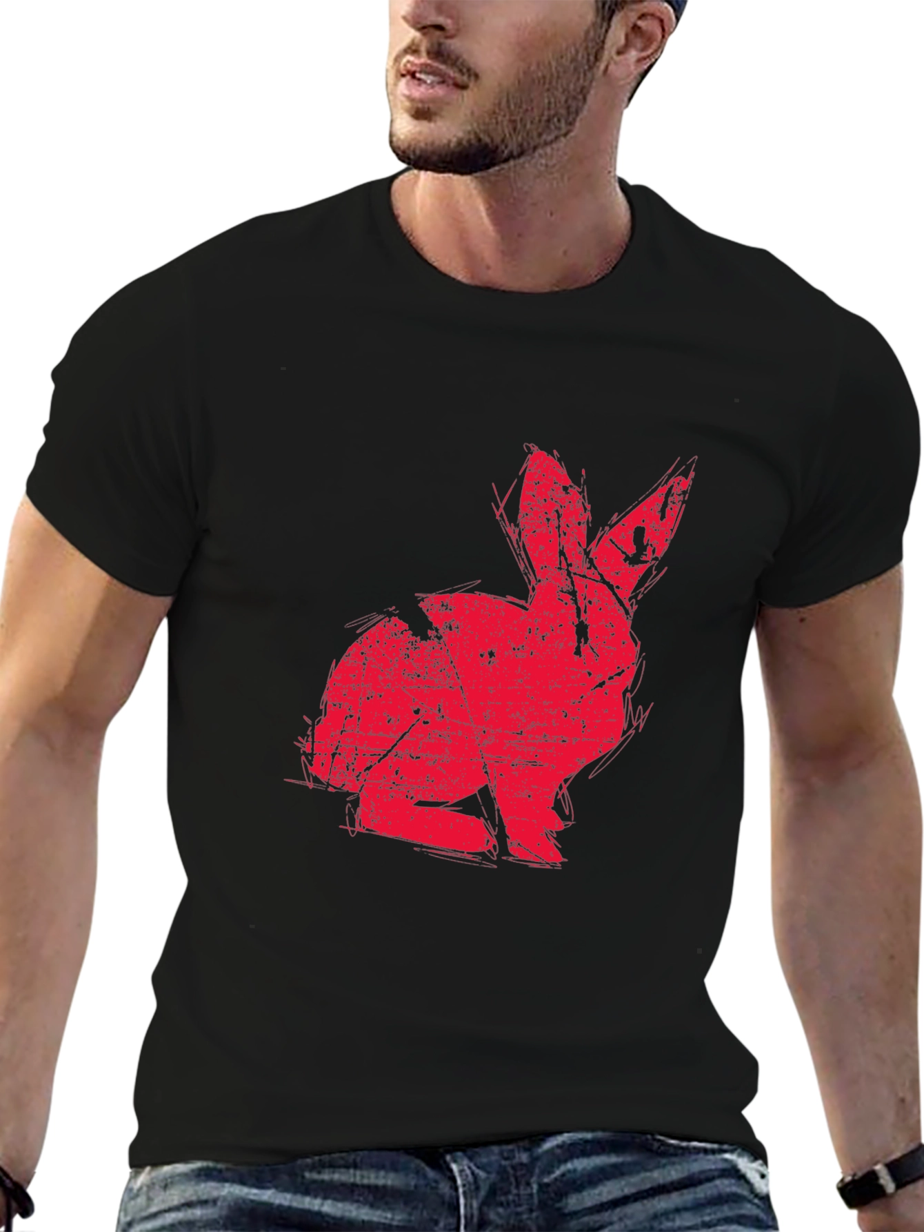 Red Rabbit Graphic Print Black T-shirt