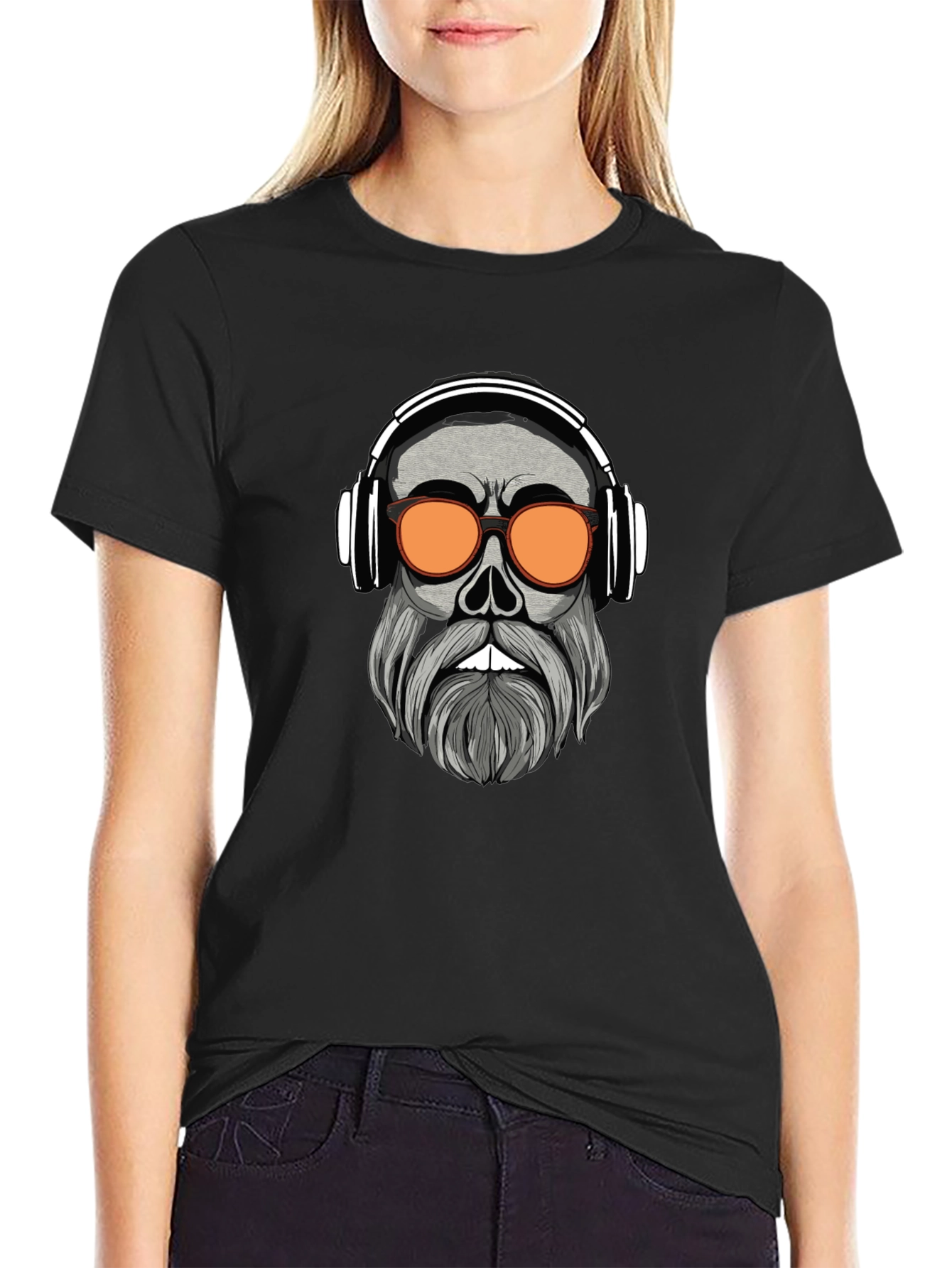Skull with Headphones Graphic Tee - Black