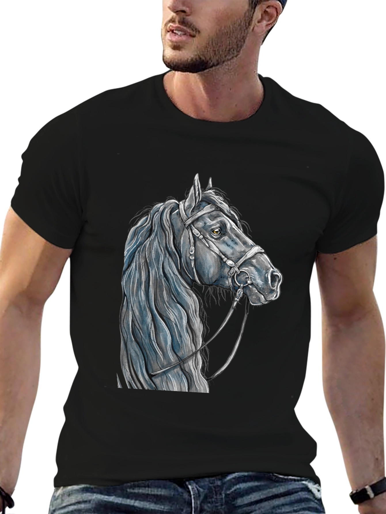 Horse Head Graphic Tee - Black Cotton T-Shirt