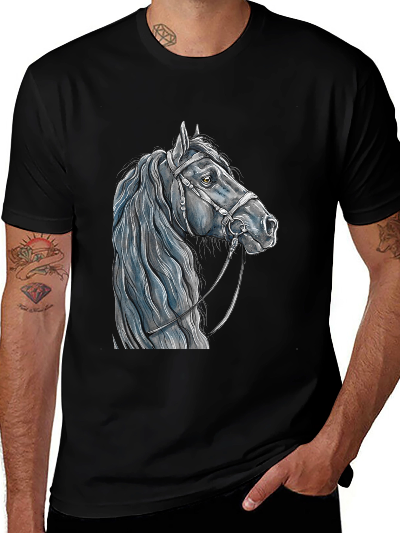 Horse Head Graphic Tee - Black Cotton T-Shirt