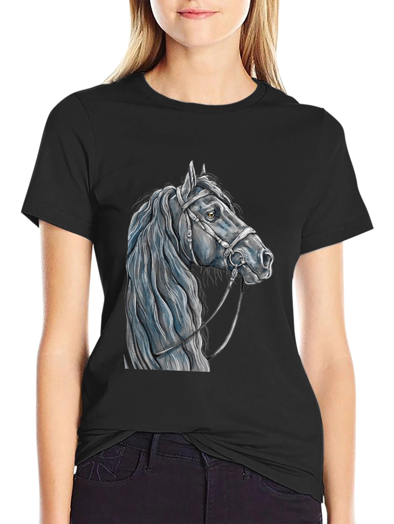 Horse Head Graphic Tee - Black Cotton T-Shirt