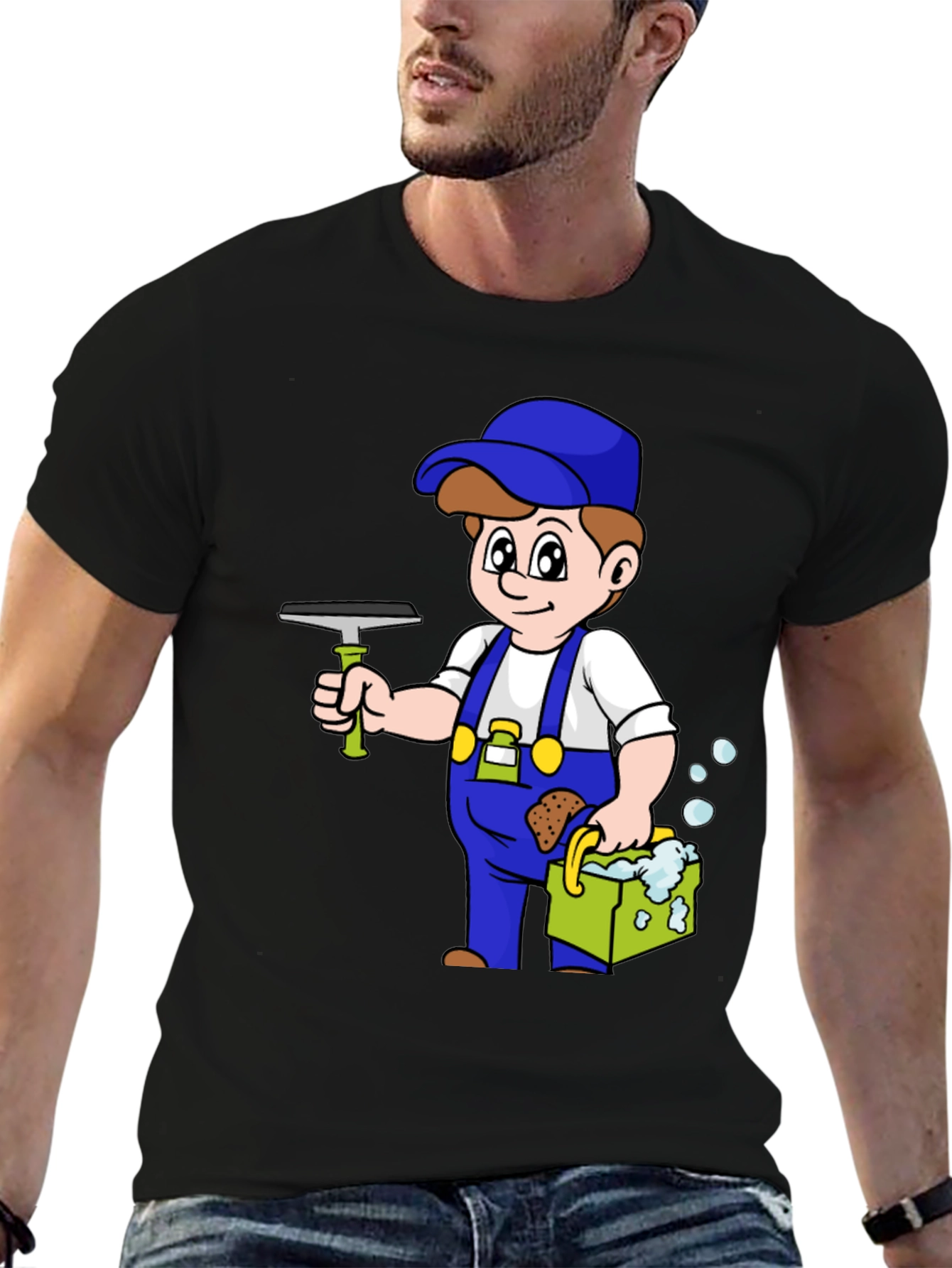 Cartoon Window Washer Graphic T-Shirt