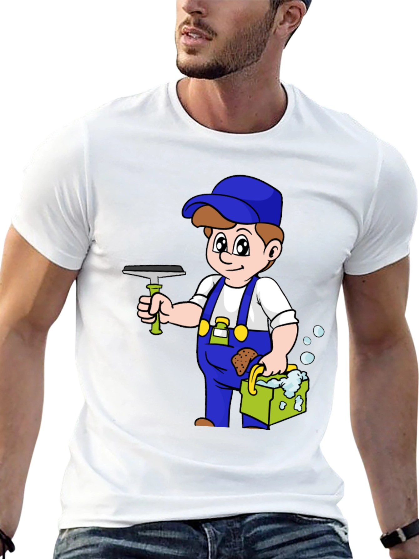 Cartoon Window Washer Graphic T-Shirt