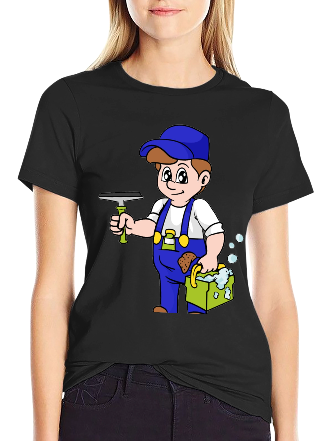 Cartoon Window Washer Graphic T-Shirt