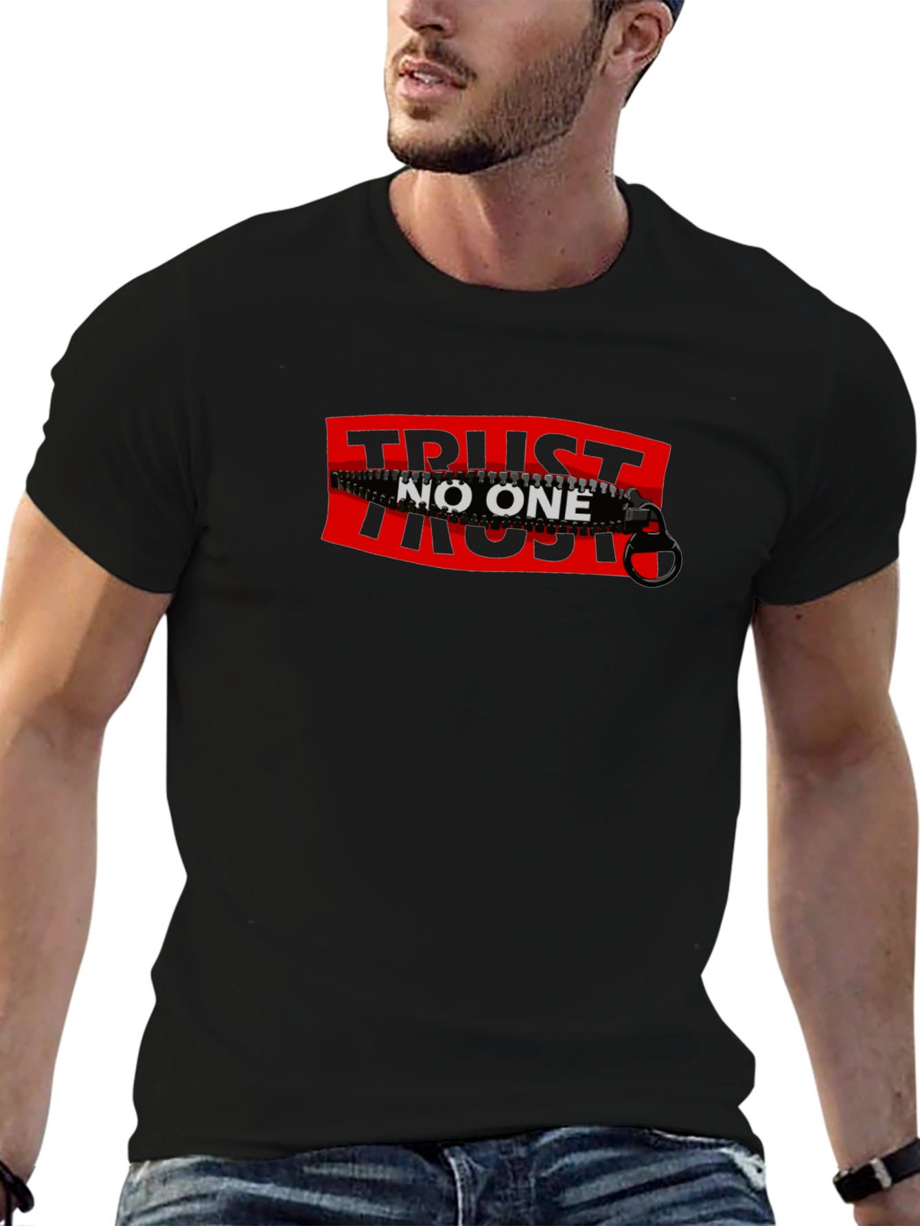 Trust No One Zipper Graphic Tee - Statement T-Shirt