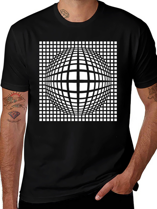 Optical Illusion Grid Sphere Black T-Shirt