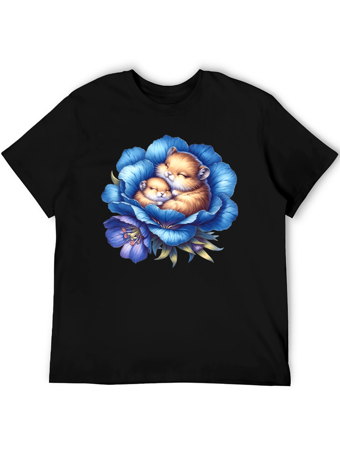 Cute Hamsters in Blue Flower Graphic T-Shirt