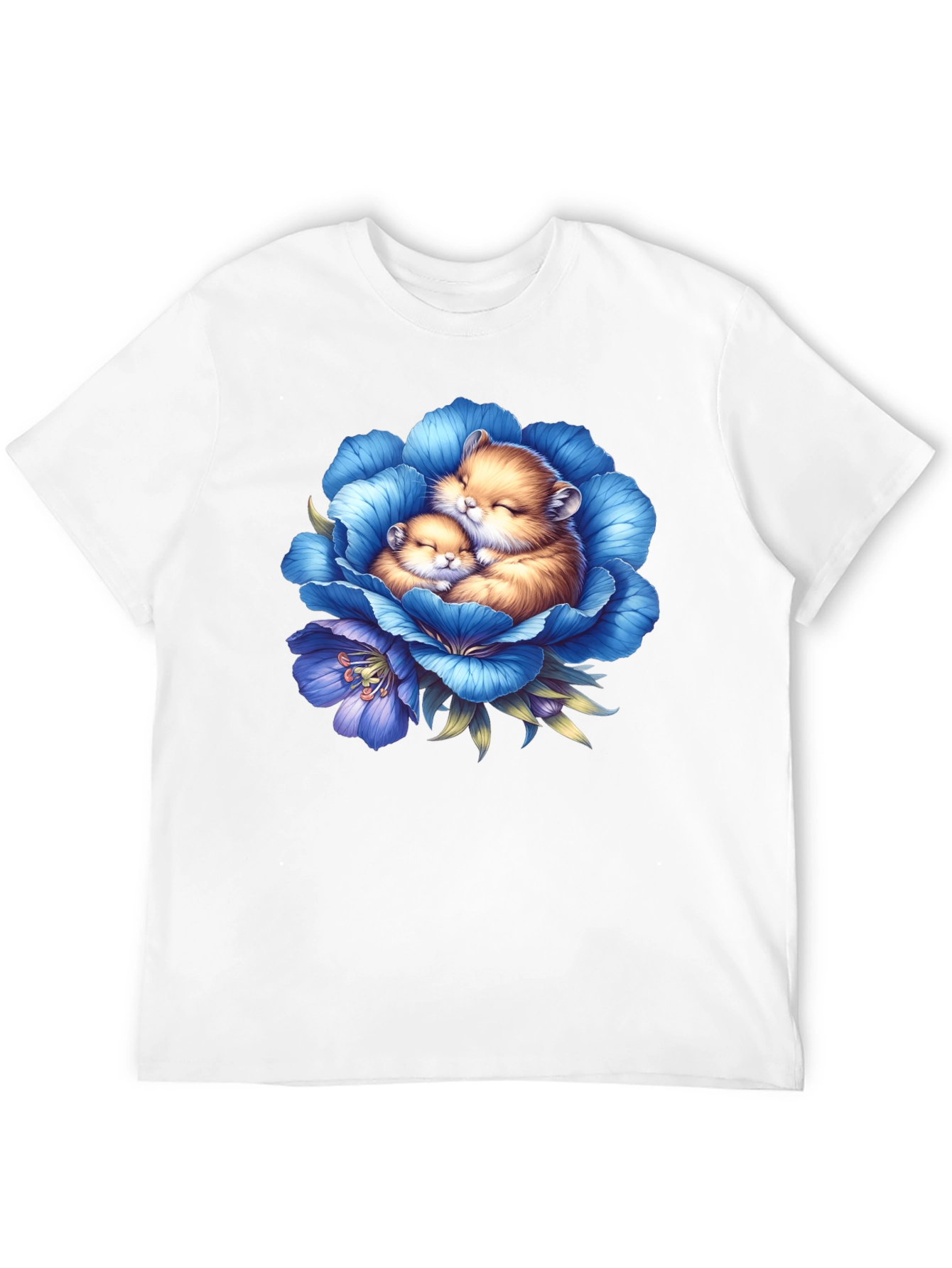 Cute Hamsters in Blue Flower Graphic T-Shirt