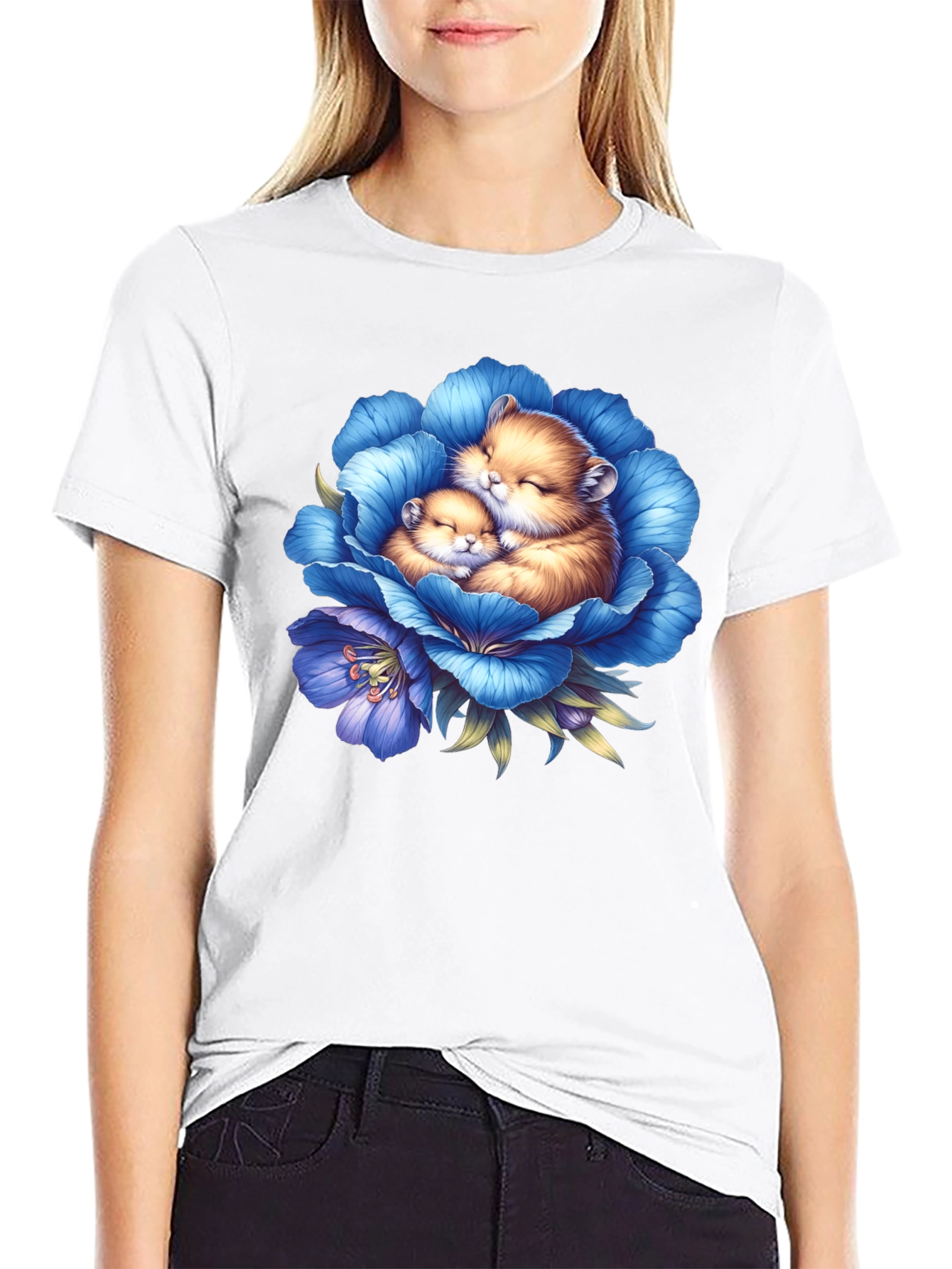 Cute Hamsters in Blue Flower Graphic T-Shirt