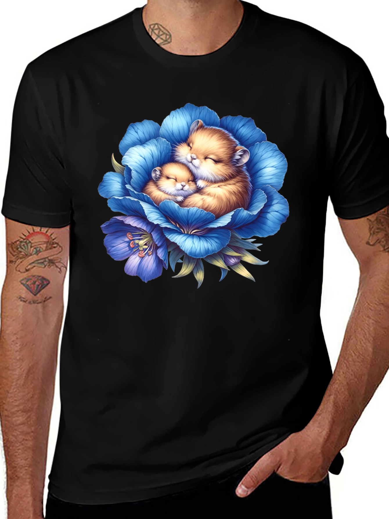 Cute Hamsters in Blue Flower Graphic T-Shirt