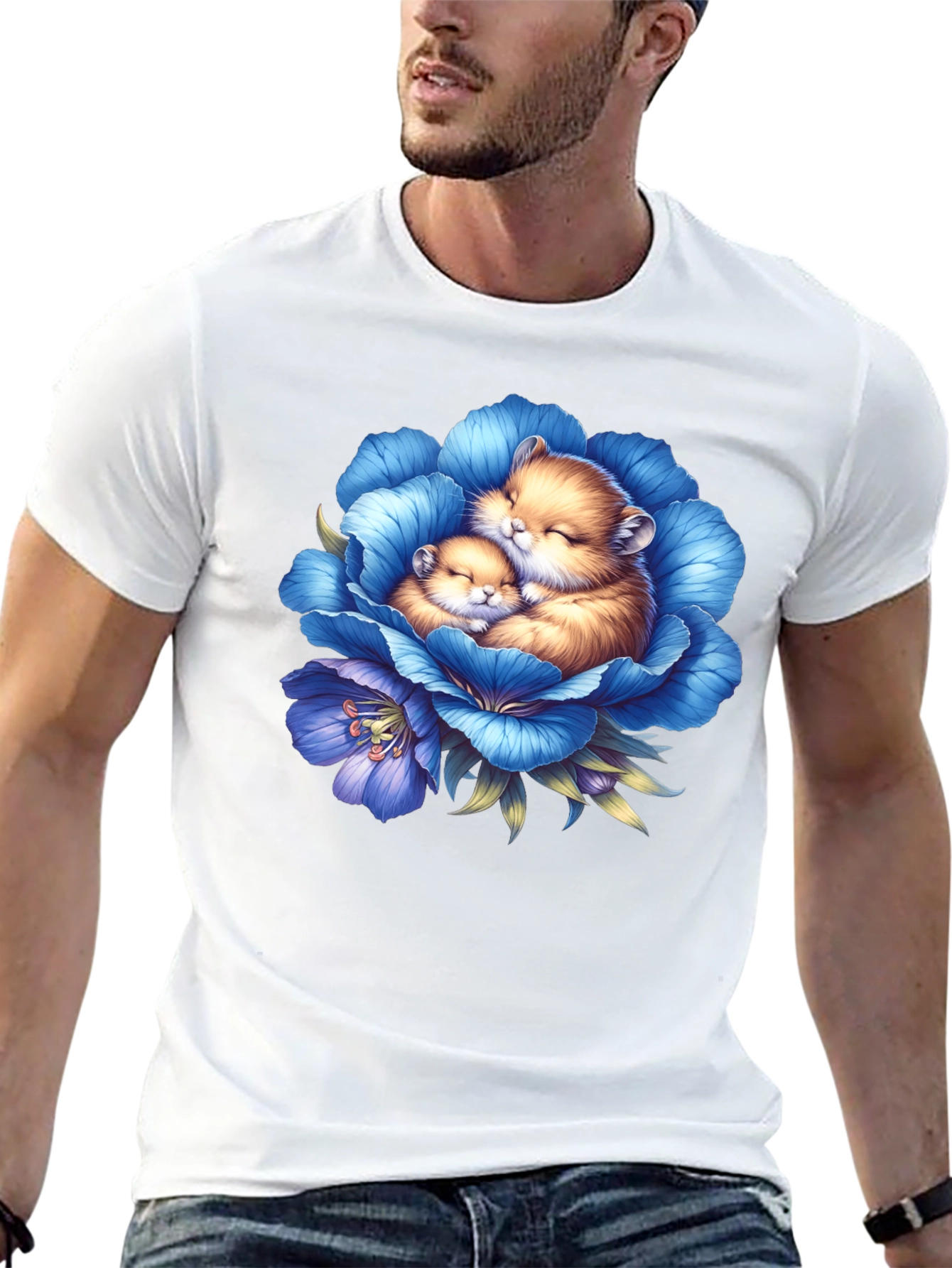Cute Hamsters in Blue Flower Graphic T-Shirt