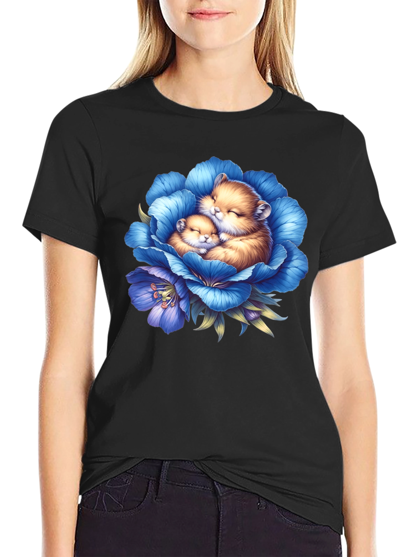 Cute Hamsters in Blue Flower Graphic T-Shirt