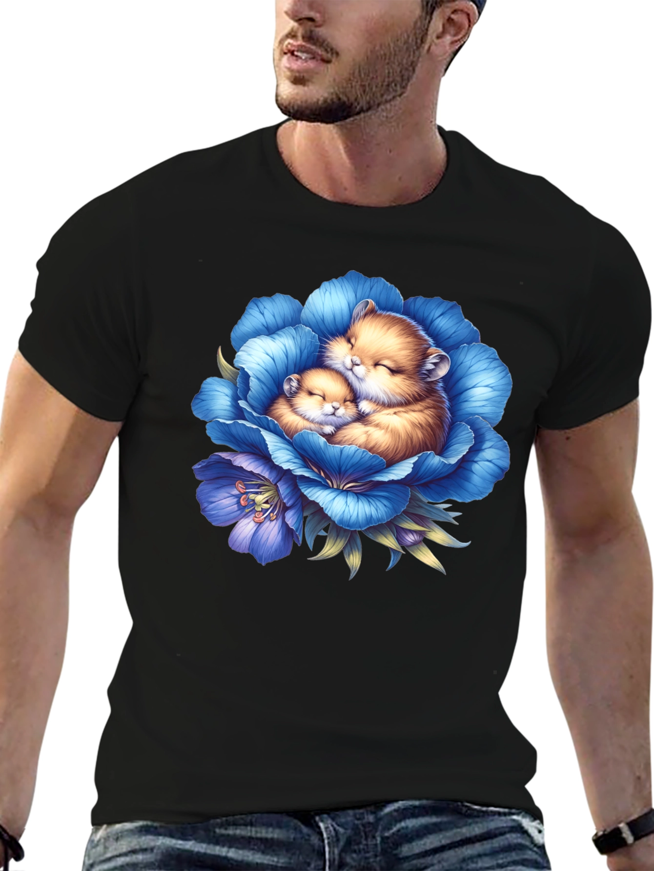 Cute Hamsters in Blue Flower Graphic T-Shirt