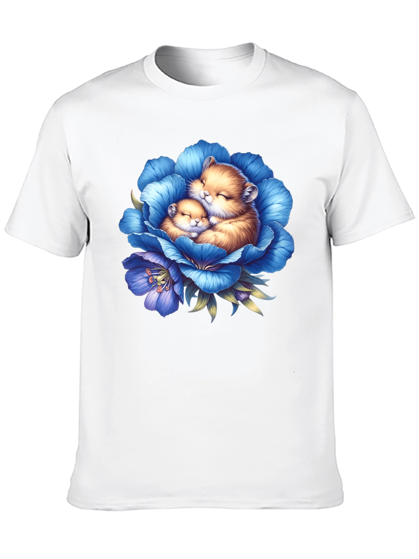 Cute Hamsters in Blue Flower Graphic T-Shirt