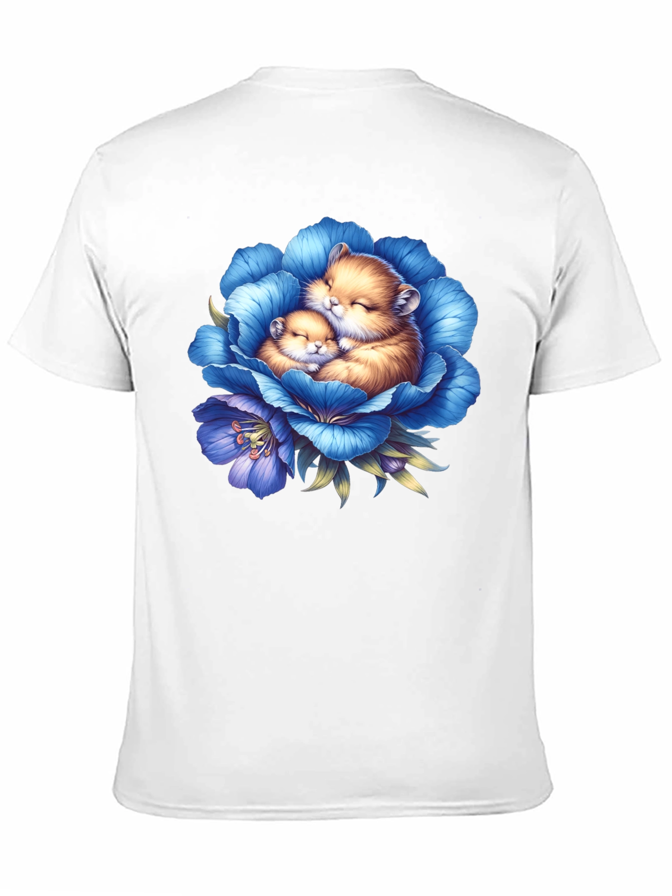Cute Hamsters in Blue Flower Graphic T-Shirt